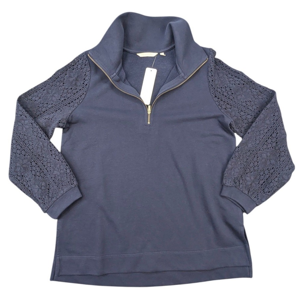 Soft Surroundings Navy‎ Blue Crochet Sleeve Quarter Zip Sweatshirt Size M Cotton